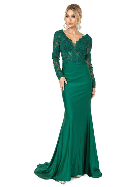 dark green dress with boots Dark Green Long sleeves Floor length Mermaid Prom Dress with Detachable Train main image 0