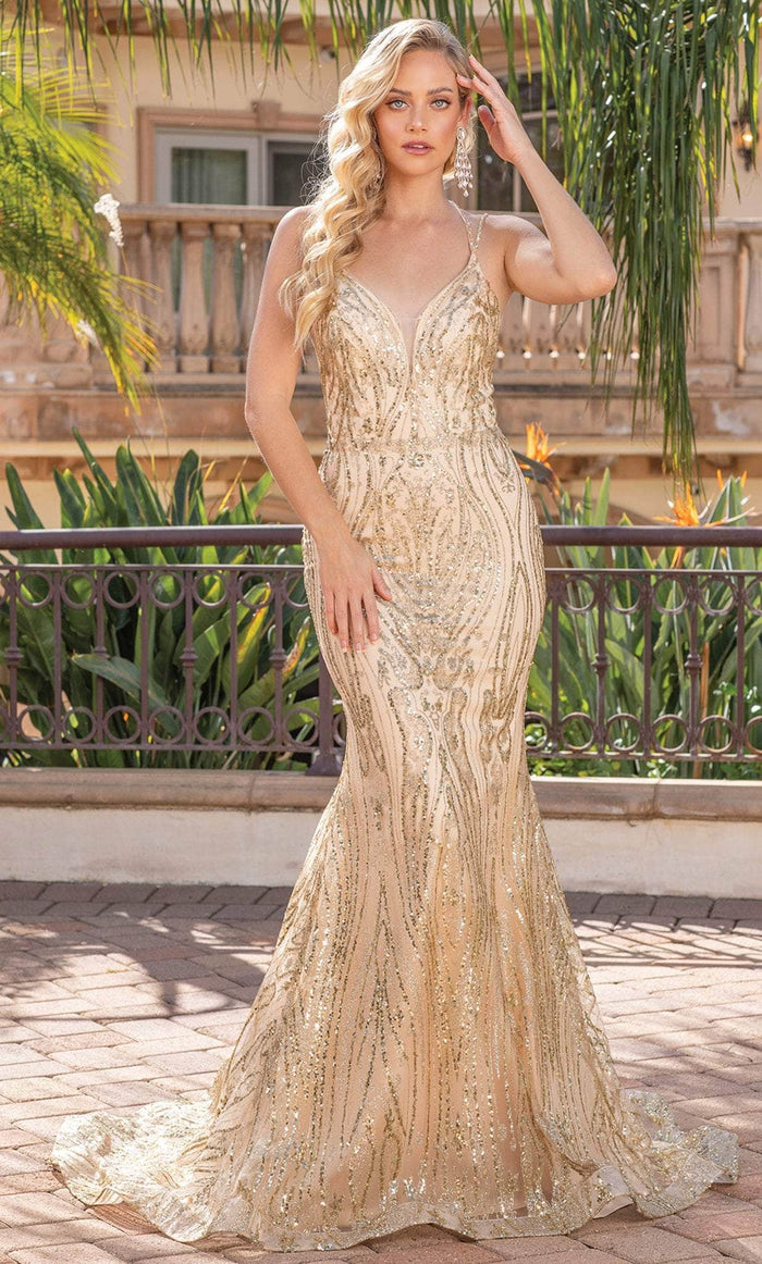 Dancing Queen 4337 - V-Neck Embellished Prom Gown Prom Dresses XS / Gold