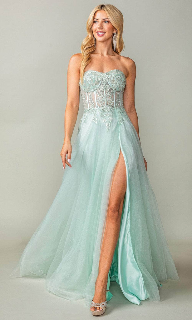 light blue prom dress strapless Lace Long Ruffle Dresses with High Slit, Lac morievent See long sweetheart formal dresses with lace Light Blue Ruffle Prom Dresses