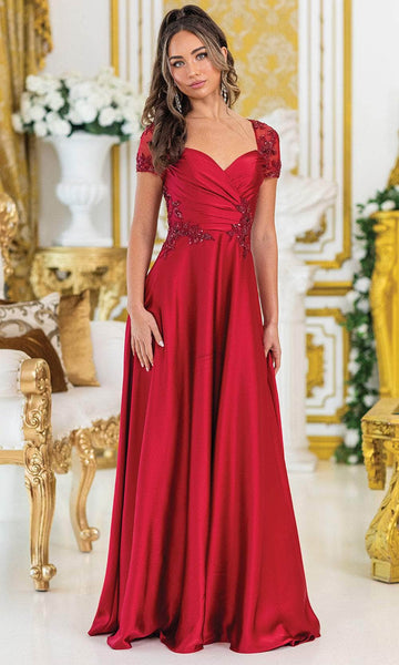 Short-Sleeve Long A-Line Prom Dress with Beads Burgundy / 3XLarge Short-Sleeve Long A-Line Prom Dress with Beads Burgundy / 3XLarge