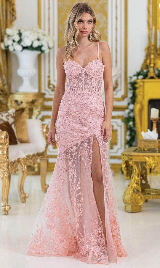 Dancing Queen 4501 - Lace Embroidered Sheer Slit Gown