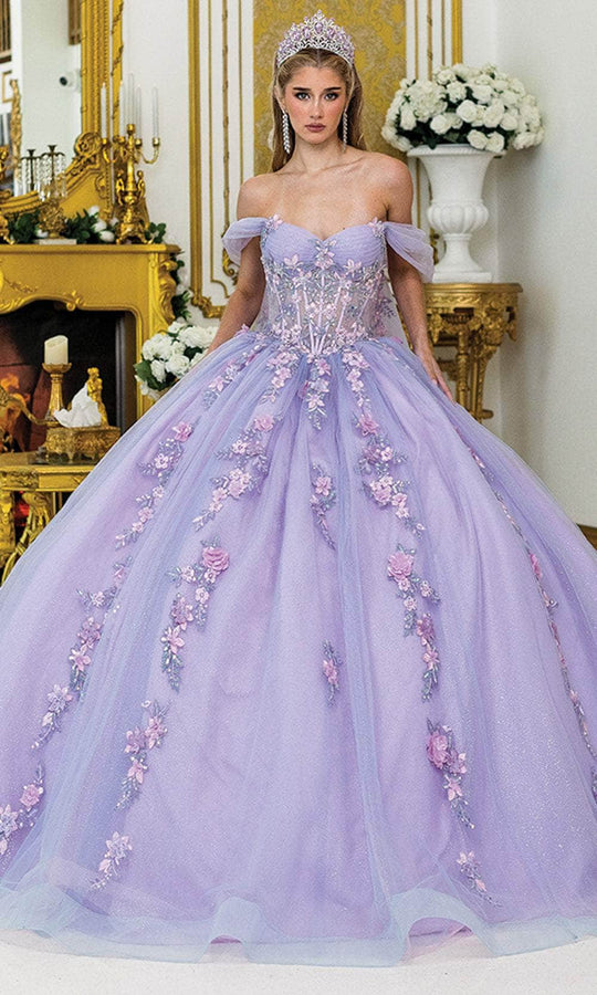 Dancing Queen 5012 - 3D Floral Off Shoulder Ballgown with Cape