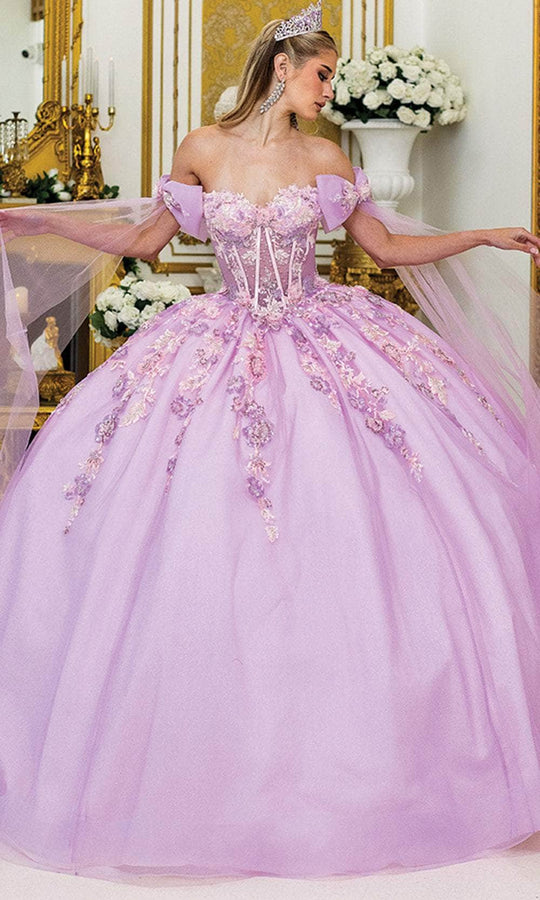 Dancing Queen 5036 - Embellished Off-Shoulder Ballgown with Sheer Cape