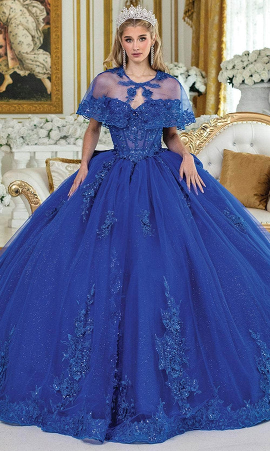 Dancing Queen 5054 - Beaded Lace Ballgown with Sheer Capelet