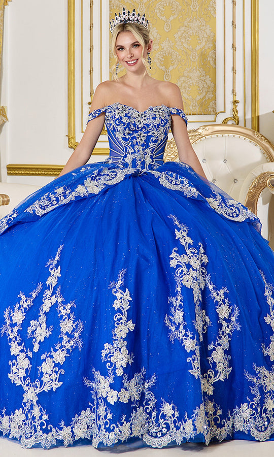 Dancing Queen 5142 - Lace Applique Off Shoulder Glitter Tulle Gown