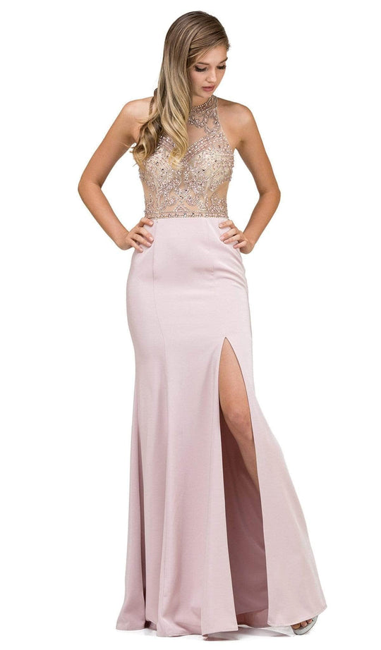 Dancing Queen - 9974 Beaded Illusion Halter Evening Dress With Slit