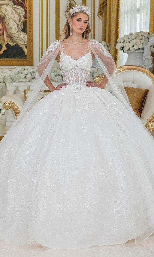 Dancing Queen Bridal 0293 - V-Neck Lace Ballgown with Cape Sleeve