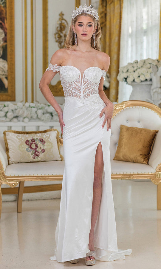 Dancing Queen Bridal 0308 - Illusion Top Off Shoulder Satin Gown