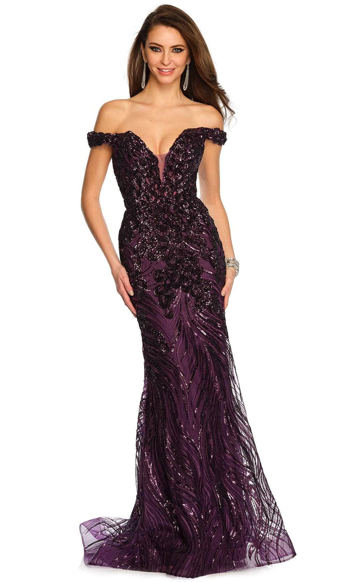 Dave & Johnny 11002 - Off-Shoulder Sequin Prom Gown Special Occasion Dress 0 / Purple