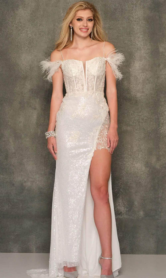 Dave & Johnny 11007 - Feathered Sleeve Sheath Prom Gown