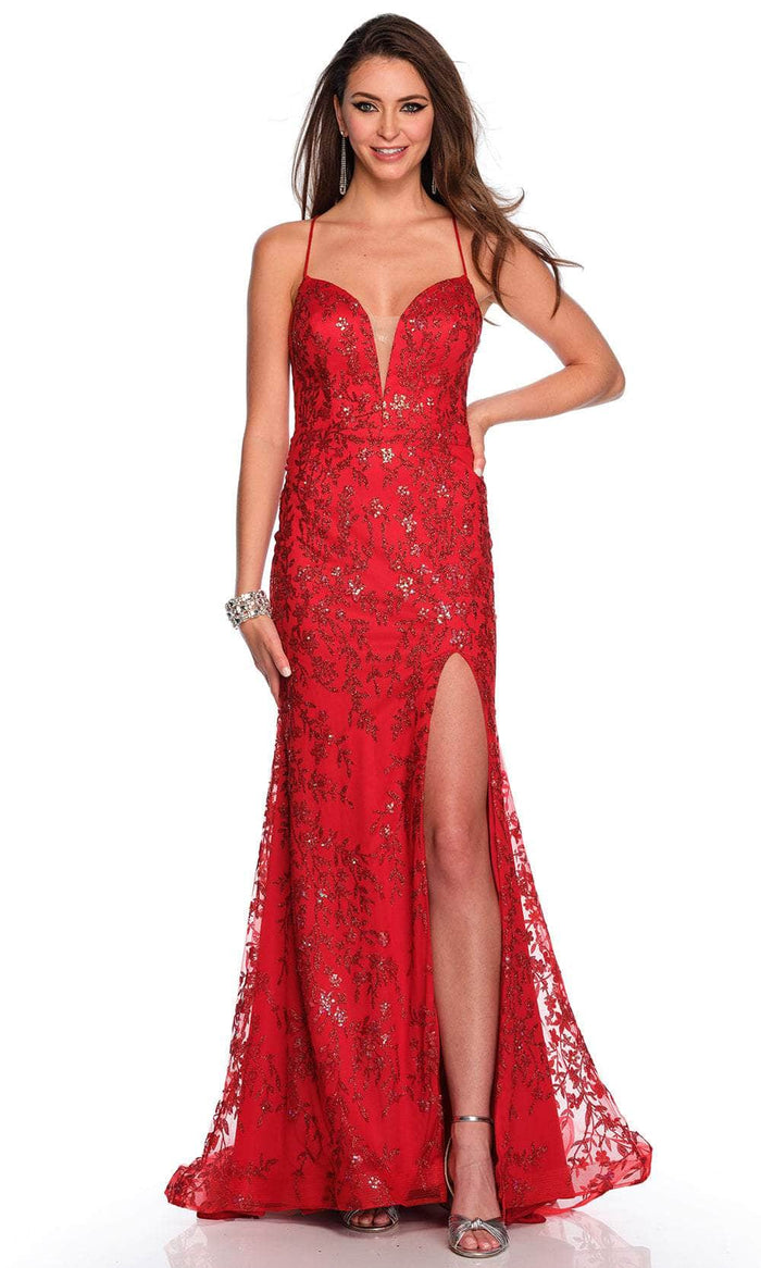 Dave & Johnny 11203 - Glitter Print Plunging Prom Gown Special Occasion Dress 00 / Red