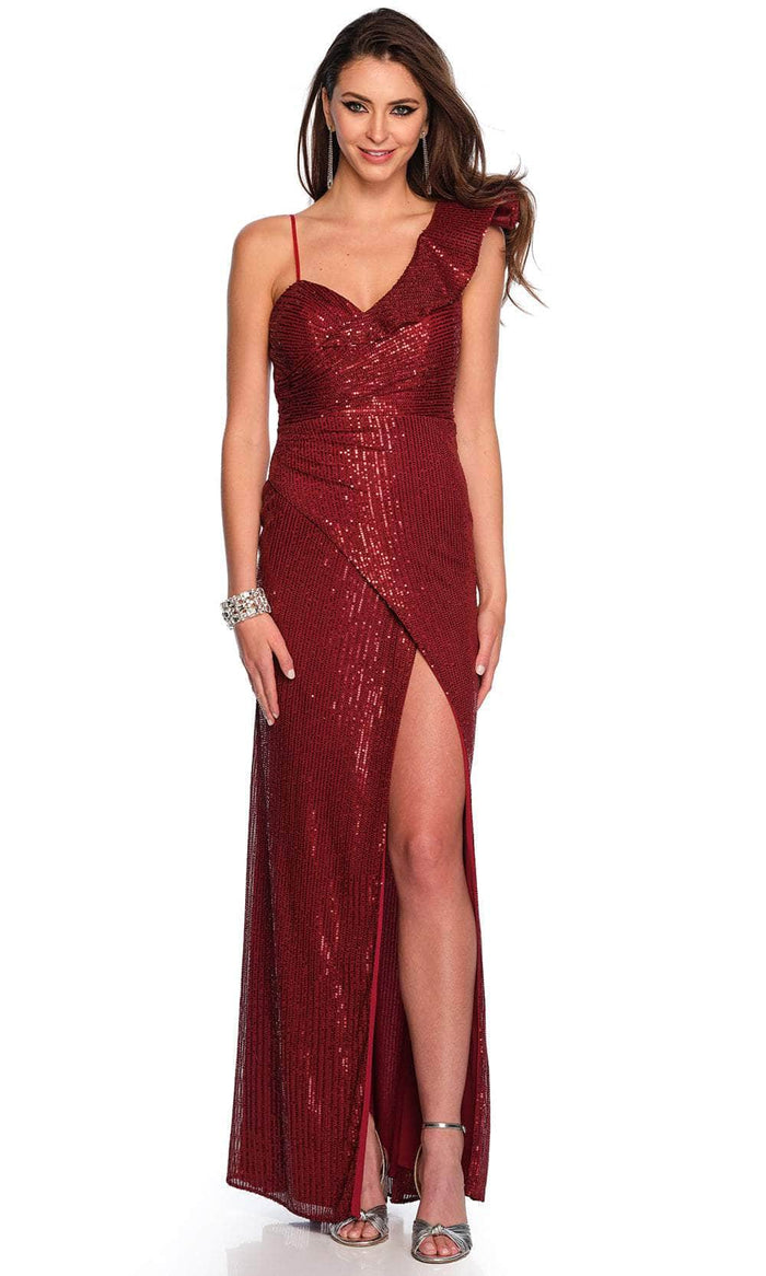 Dave & Johnny 11214 - Ruffled Sleeve Sequin Prom Gown Special Occasion Dress 00 / Burgundy
