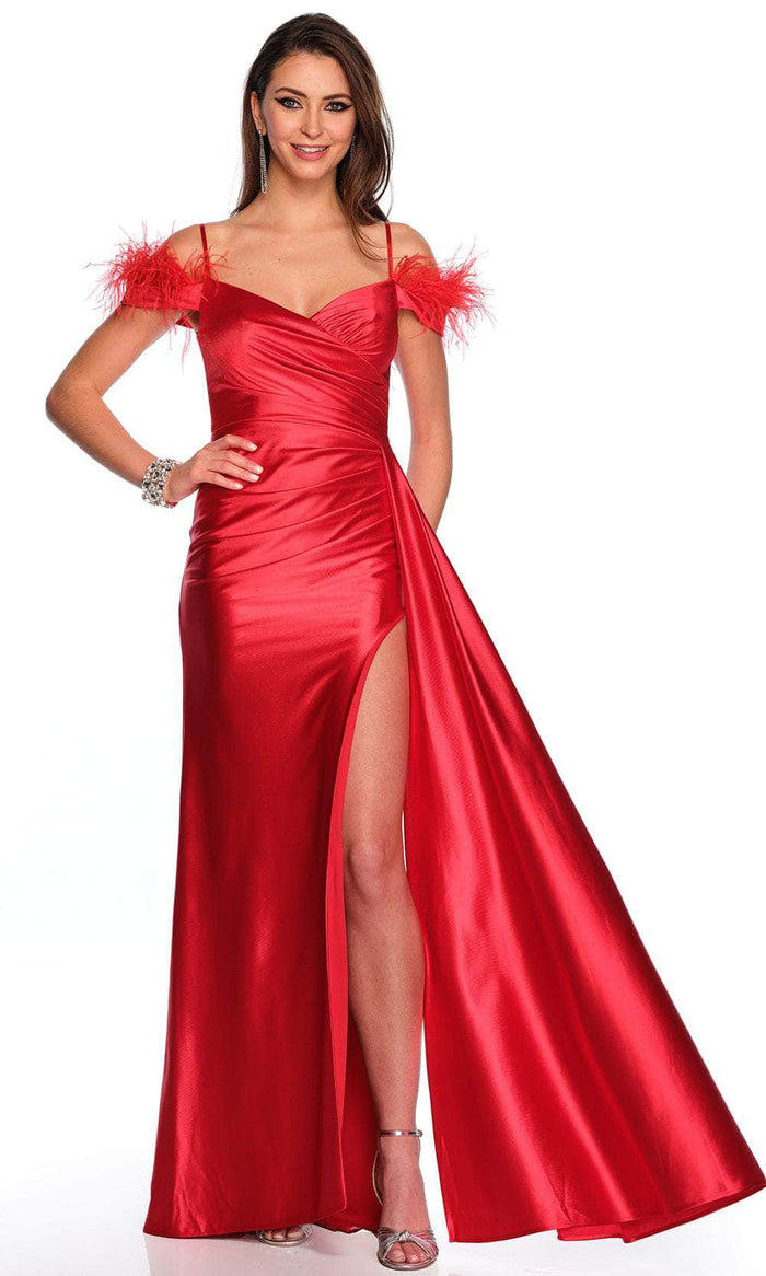 Dave & Johnny 11217 - Feather Trim Off-Shoulder Prom Gown Special Occasion Dress 00 / Red