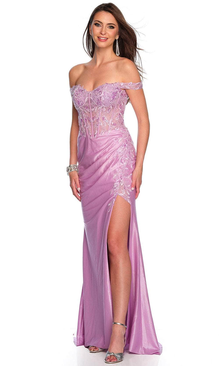 Dave & Johnny 11240 - Off Shoulder Embroidered Corset Prom Gown Special Occasion Dress 00 / Lilac