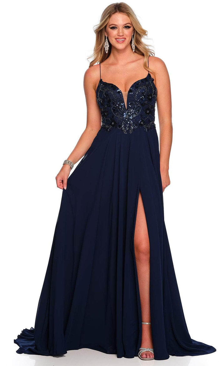 Dave & Johnny 11241 - Cutout Back Flowy A-Line Prom Gown Special Occasion Dress 00 / Navy