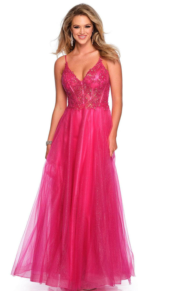 Dave & Johnny 11243 - Embellished Corset V-Neck Prom Gown Special Occasion Dress 00 / Fuschia Pink