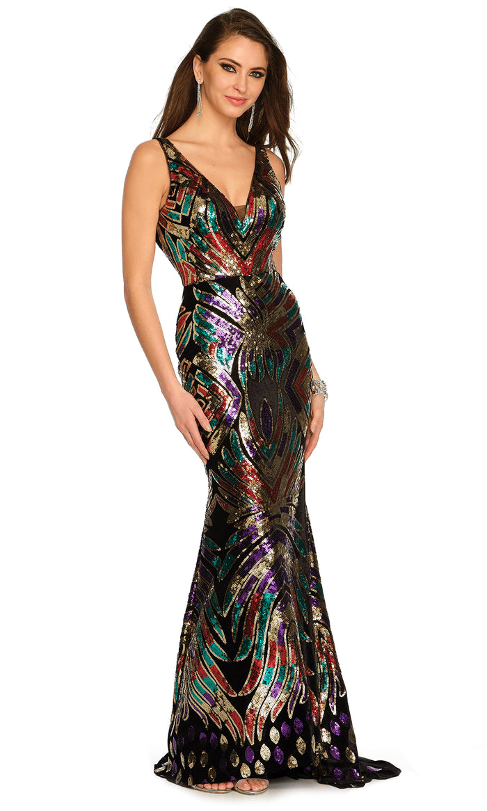 Dave & Johnny 11281 - V-Shaped Back Mermaid Prom Gown Special Occasion Dress 0 / Black/Multi