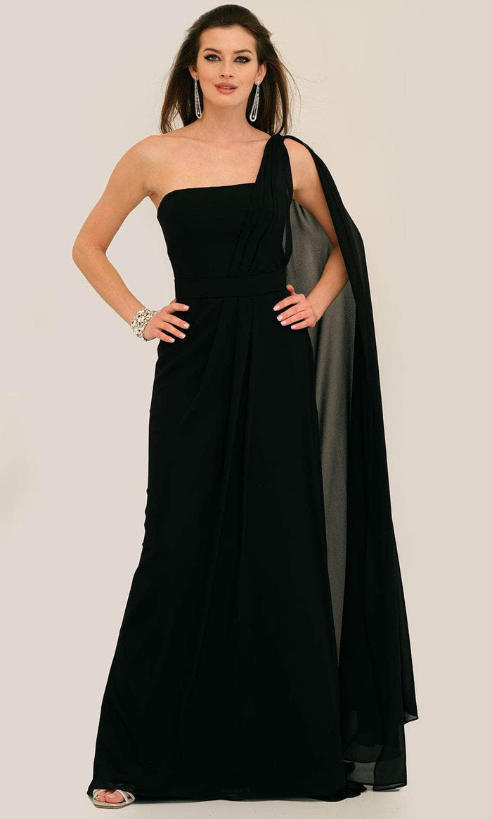 Dave & Johnny 11288 - Draping Cape Asymmetric Prom Gown Special Occasion Dress 00 / Black