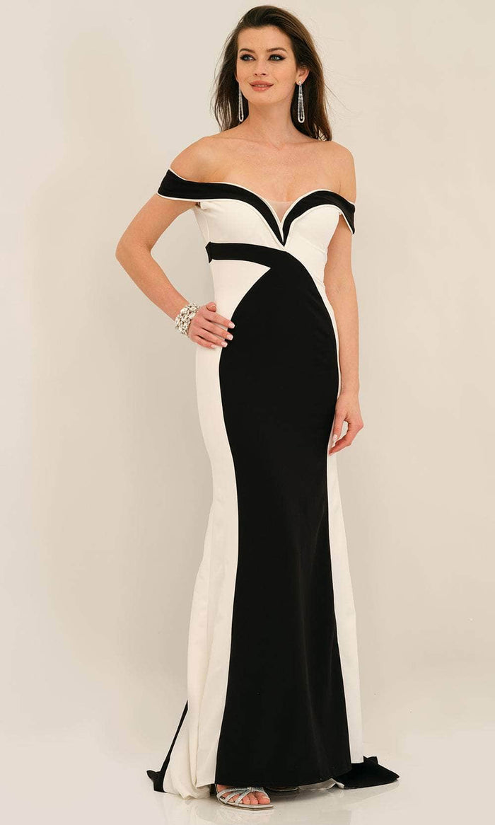 Dave & Johnny 11295 - Off Shoulder Color Block Prom Gown Special Occasion Dress 00 / Black/White