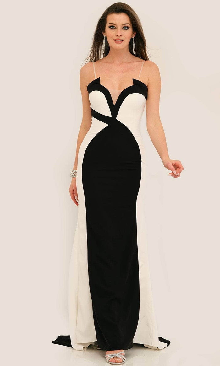 Dave & Johnny 11296 - V-Neck Abstract Mesh Prom Gown Special Occasion Dress 00 / Black/White