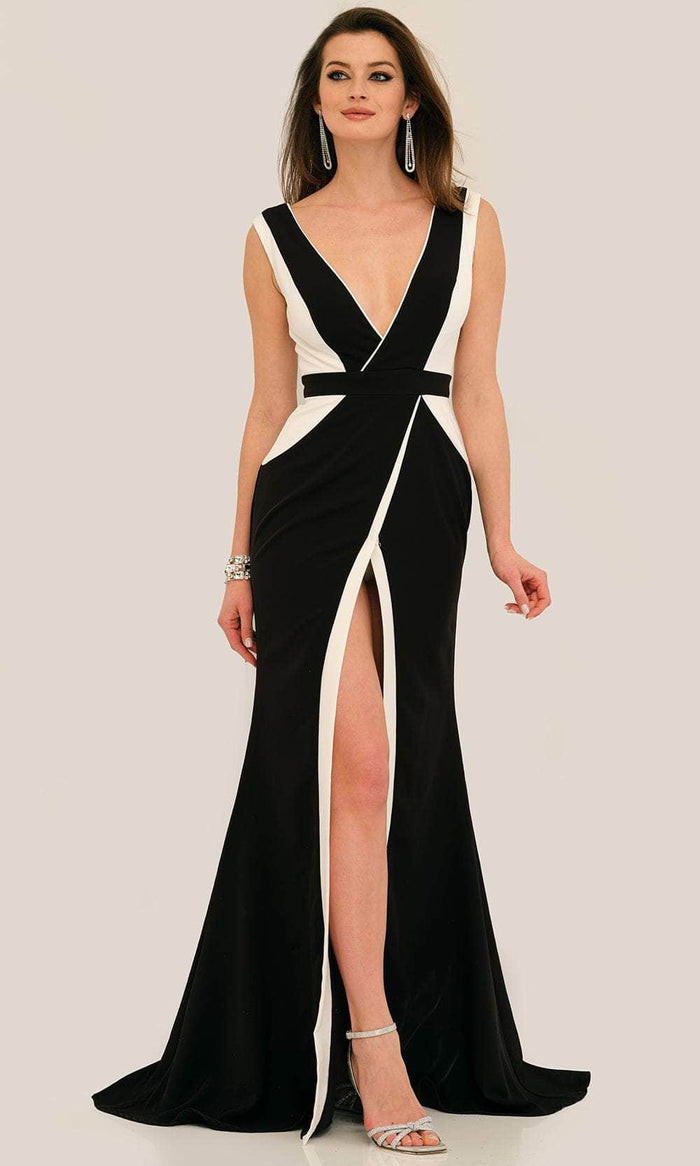 Dave & Johnny 11297 - Plunging Two Tone Prom Gown Special Occasion Dress 00 / Black/White