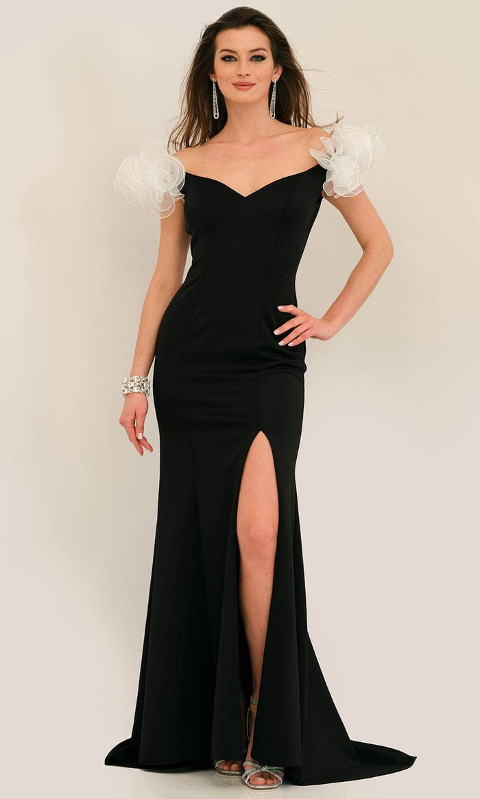 Dave & Johnny 11298 - Ruffled Shoulder V-Neck Prom Gown Special Occasion Dress 00 / Black