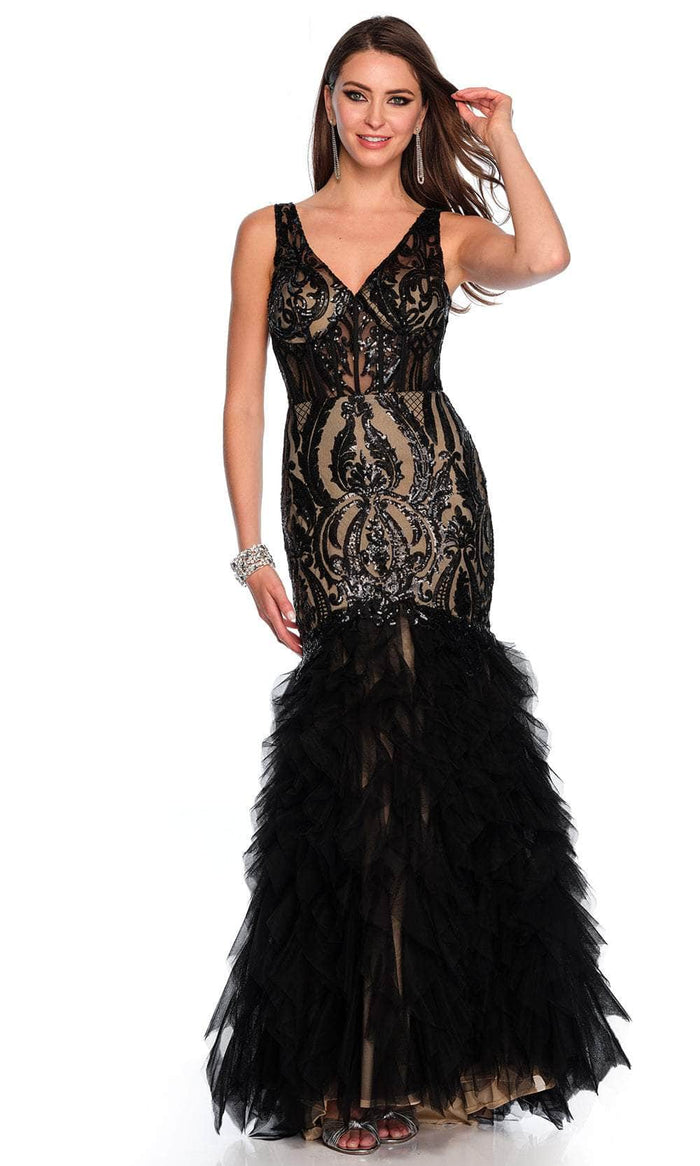 Dave & Johnny 11325 - Patterned Sequin Ruffled Prom Gown Special Occasion Dress 00 / Black
