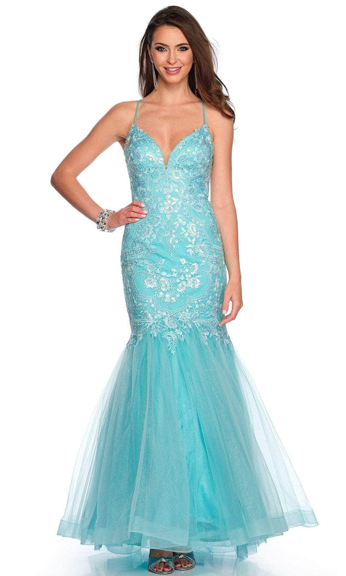 Dave & Johnny 11372 - Lace-Up Back Sleeveless Prom Gown Special Occasion Dress 00 / Aqua