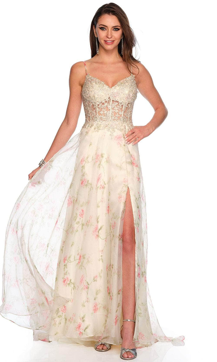 Dave & Johnny 11426 - Illusion Lace Floral Printed Prom Gown Special Occasion Dress 00 / Yellow Print