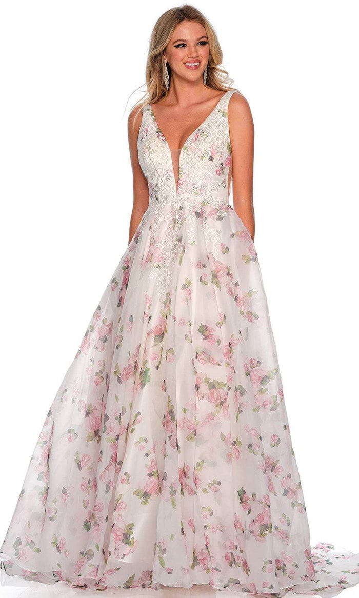 Dave & Johnny 11427 - Plunging V-Neck Floral Printed Prom Gown Special Occasion Dress 00 / White Print