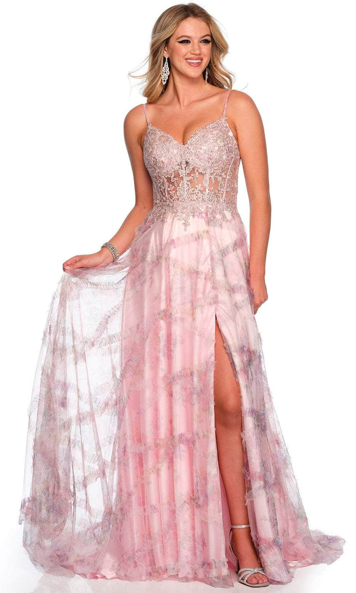 Dave & Johnny 11428 - Lace Applique Sleeveless Prom Gown Special Occasion Dress 00 / Pink Print