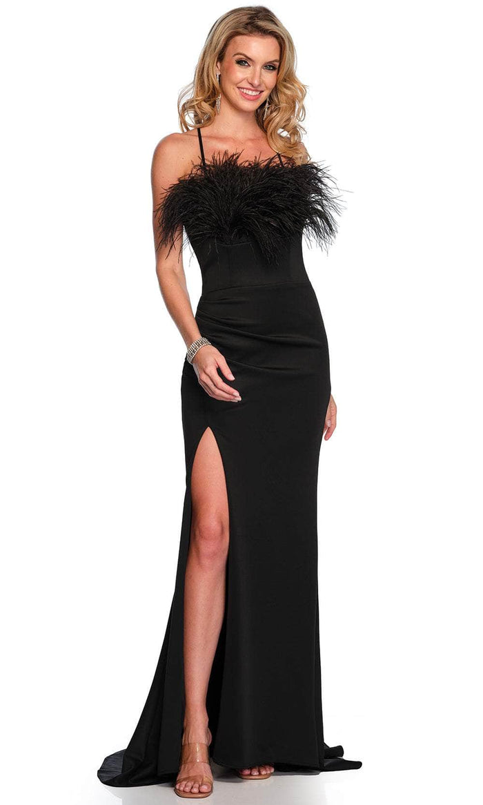 Dave & Johnny 11430 - Feather Detailed Sleeveless Prom Gown Special Occasion Dress 00 / Black