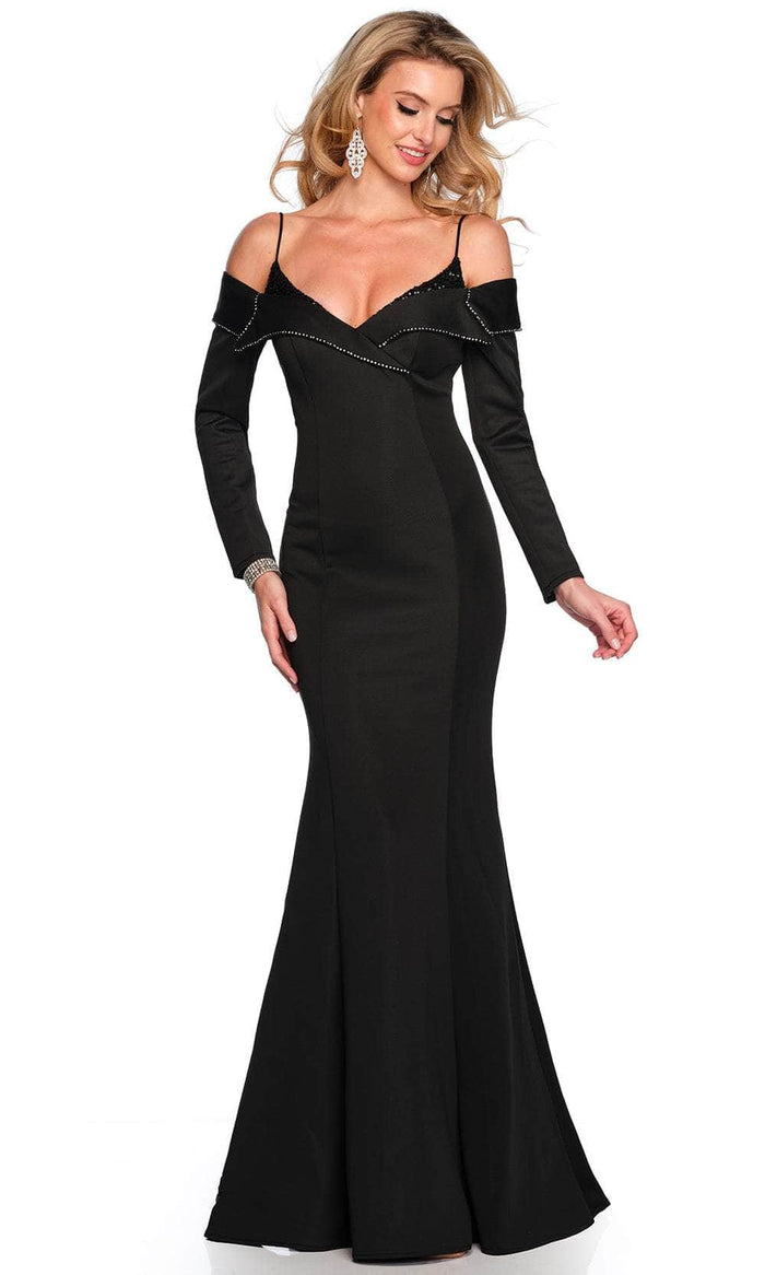 Dave & Johnny 11434 - Long Sleeve Cold Shoulder Evening Gown Special Occasion Dress 00 / Black