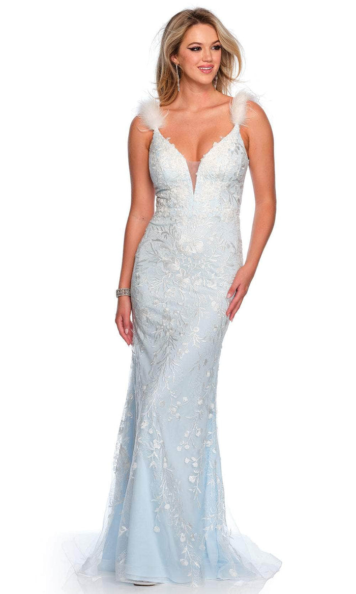 Dave & Johnny 11459 - Embroidered Feather Detailed Prom Gown Special Occasion Dress 00 / Lt Blue
