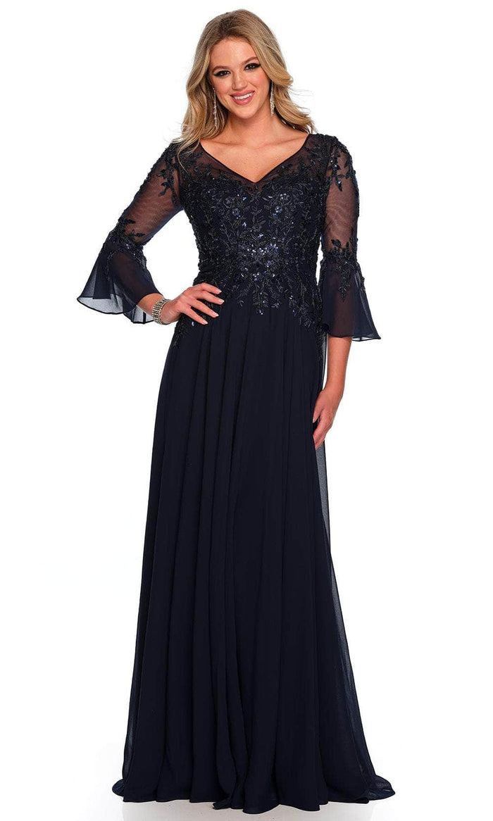 Dave & Johnny 11602 - Embroidered Bell Sleeve Prom Gown Special Occasion Dress 00 / Navy Blue