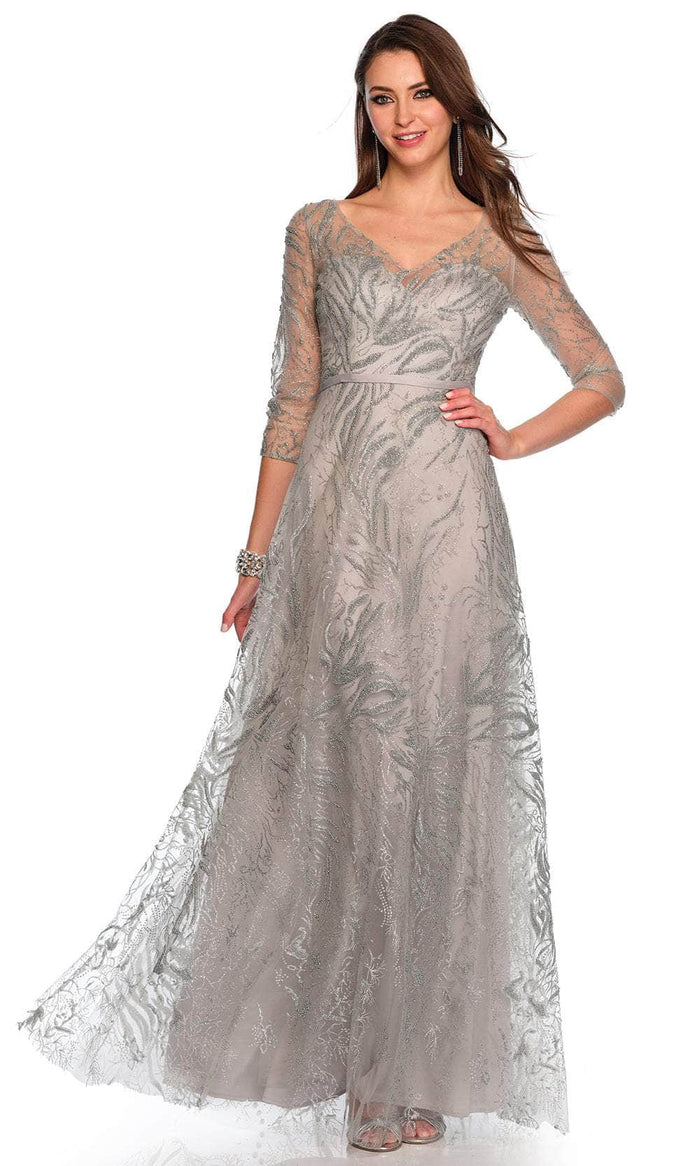Dave & Johnny 11606 - V-Neck Beaded Prom Gown Special Occasion Dress 00 / Silver