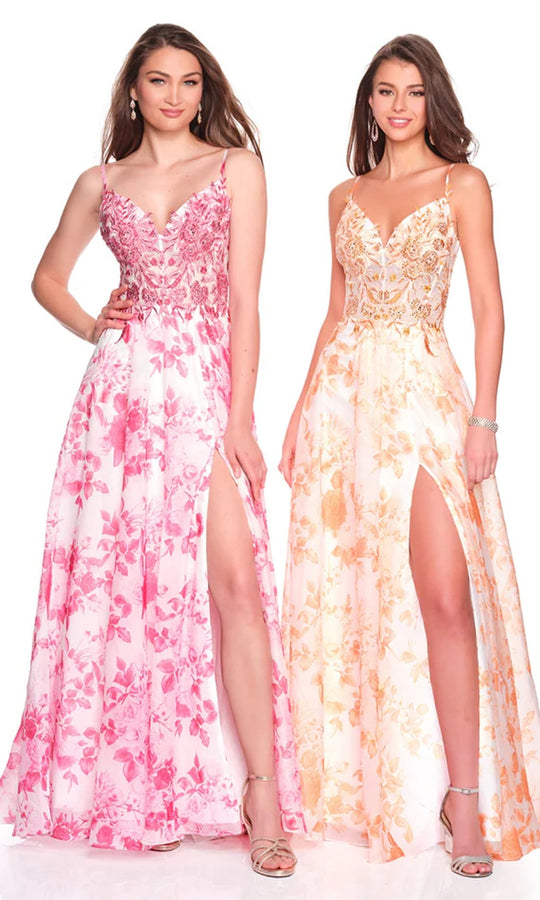 Dave & Johnny 12684 - Printed Chiffon V-Neckline Slit Dress