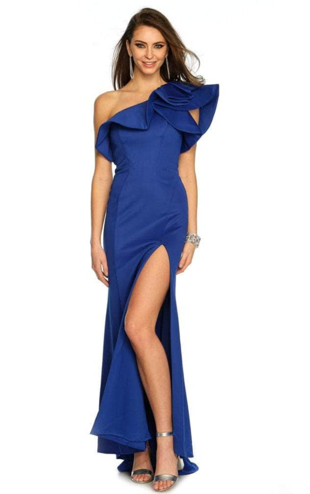 Dave & Johnny A8568 - Asymmetrical Neck Evening Gown With Slit Prom Dresses 00 / Royal