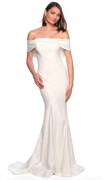 draped off the shoulder wedding dress Dave and Johnny 11619 Bridal Prom Dress - Ivory