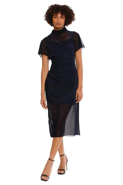 Donna Morgan D9159M - Ruched Illusion High Neck Evening Dress 6 / Navy