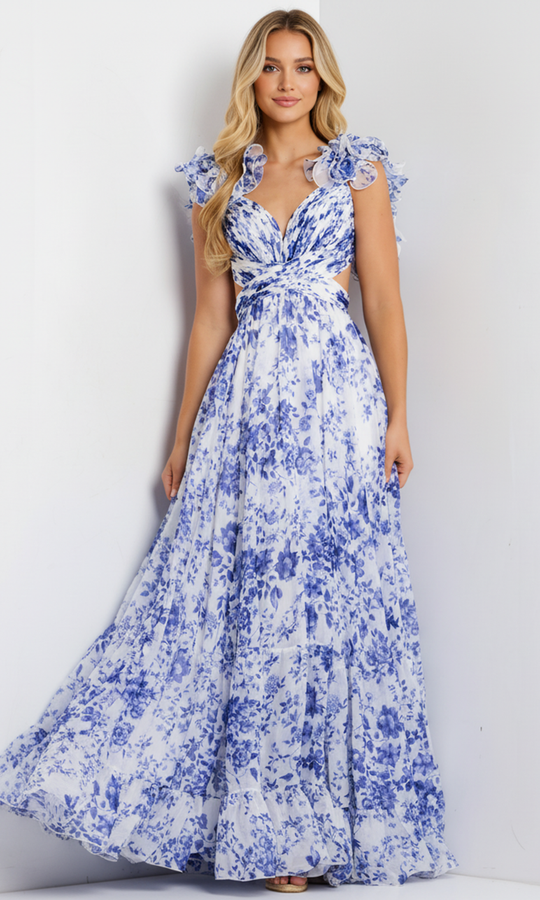 Jovani 49143 - Ruffle Sleeve Floral A-Line Gown