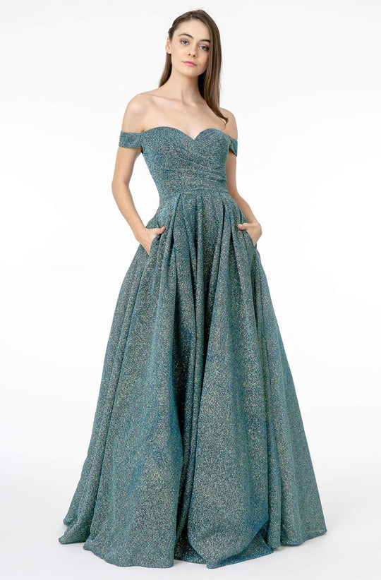 Elizabeth K - GL1827 Glitter Lame Off Shoulder A-Line Gown