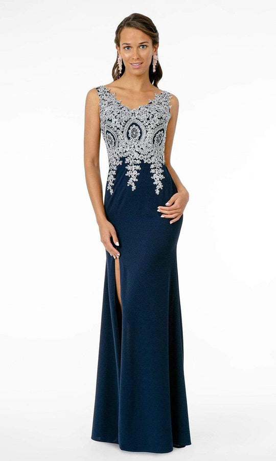 Elizabeth K - GL1839 Appliqued Bodice High Slit Long Dress