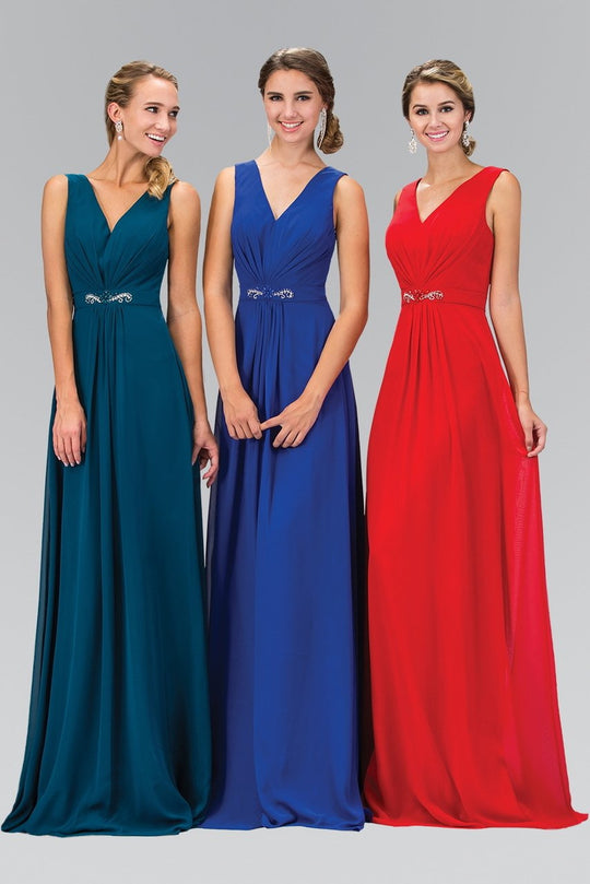 Elizabeth K - GL1389 Jewel-Accented Pleated V-Neck Chiffon Dress
