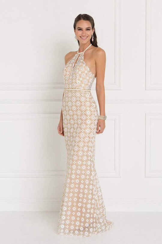 Elizabeth K - GL1548 Beaded Halter Tulle Sheath Dress