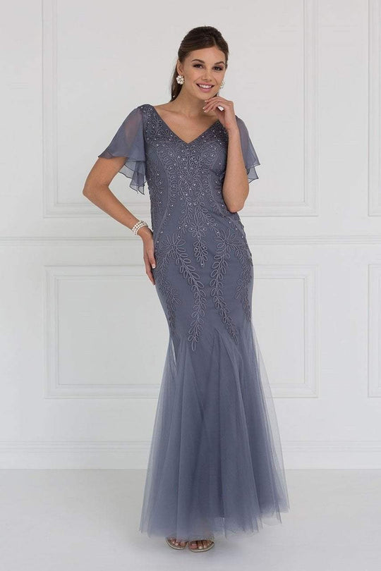 Elizabeth K - GL1576 Butterfly Sleeve Embroidered Foliage Trumpet Gown