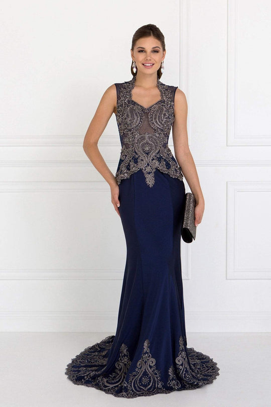 Elizabeth K - GL1598 Metallic Embroidered Queen Anne Trumpet Dress
