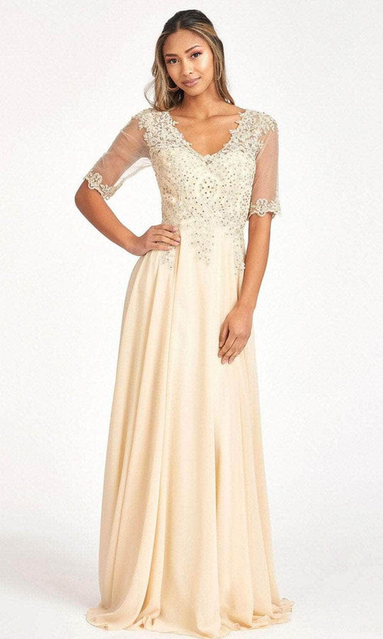 Elizabeth K GL1982 - Sheer Quarter Sleeve Lace Applique Evening Dress
