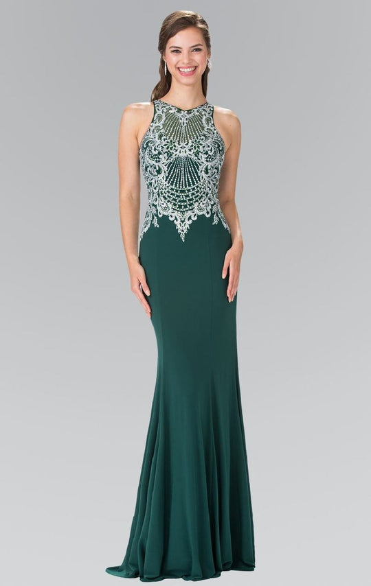 Elizabeth K - GL2232 Embellished High Neck Jersey Sheath Dress