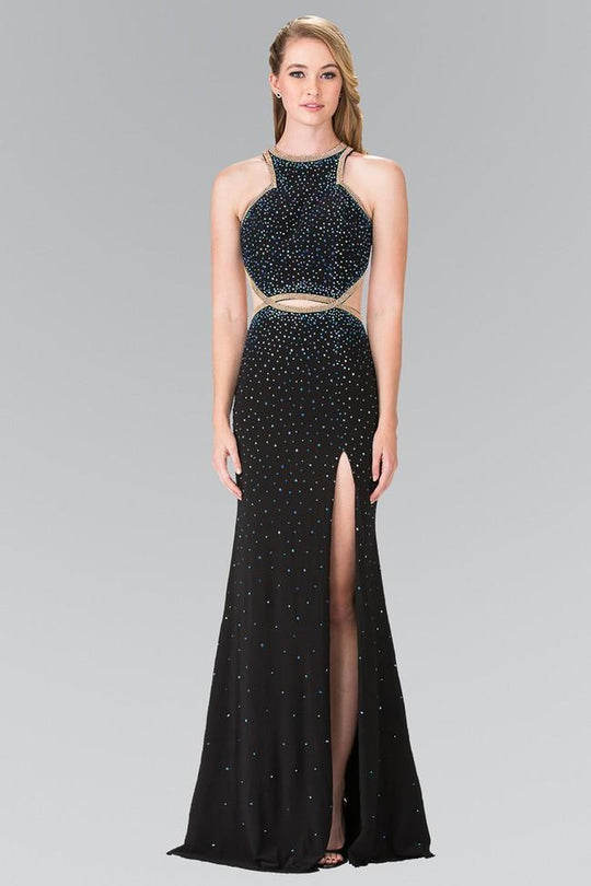 Elizabeth K - GL2265 Sequined Halter Long Dress with Slit